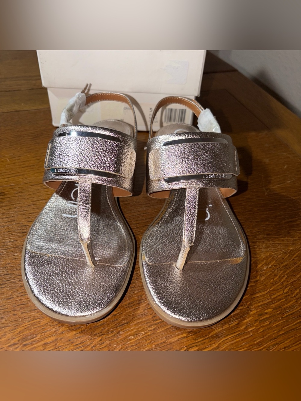 Calvin Klein Size 5M Frieda Woman’s Thong Sandals, Ankle Strap, Leather Upper